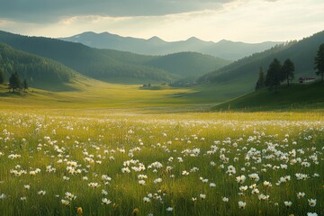 A meadow full of white blossoms extends towards distant serene mountains, crafting a vision of peacefulness and natural beauty under a soft daylight glow.