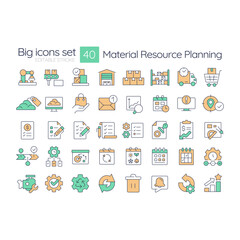 Wall Mural - Material resource planning RGB color icons set. System of manufacturing scheduling and inventory management. Isolated vector illustrations. Simple filled line drawings collection. Editable stroke