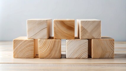 Aufkleber - Wooden blocks arranged in a balanced, symmetrical formation on a light wood surface