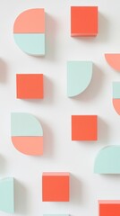 Wall Mural - Geometric shapes in vibrant coral and mint green interact playfully against a white backdrop. Their arrangement forms a sense of creativity and modern design, inviting curiosity and inspiration