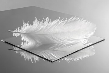 Fototapete - A delicate white feather rests gently on a reflective glass, creating a soft and serene visual contrast, enhanced by the minimalistic monochrome backdrop.