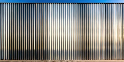 Poster - Modern metallic ribbed wall exterior with wooden deck