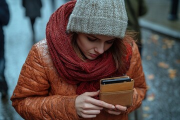 Wall Mural - A woman examines her smartphone in everyday life