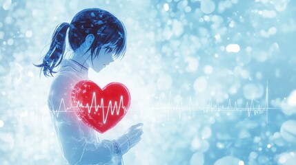 Aufkleber - Glowing red heart shines with dynamic cardiogram representing lifes rhythm and emotions in a digital world. Generative AI