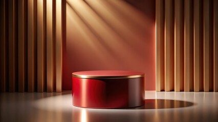 Poster - Red cylindrical pedestal with gold trim against a backdrop of golden vertical lines and a muted red wall