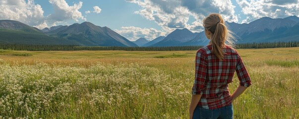 Sticker - A woman in a plaid shirt enjoying stunning mountain views while standing in a peaceful field