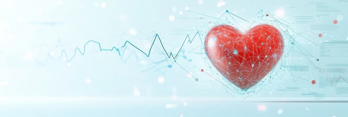 Aufkleber - Glowing red heart with dynamic cardiogram reflecting health and vitality in a modern digital illustration. Generative AI