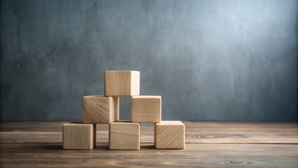 Aufkleber - Wooden Blocks Arranged in a Pyramid Shape on a Wooden Surface Against a Gray Background