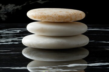 three smooth white stones carefully balanced on a sleek, glossy surface, showcasing simplicity, eleg