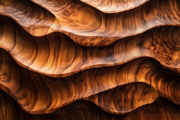 Aufkleber - Stunning abstract wall art piece crafted from wood, showcasing a harmony of light and shadow across its fluid, wave-like forms in an organic style.