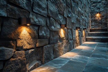 Poster - A stone wall illuminated by ambient lighting, creating a cozy and inviting atmosphere with its rugged texture and warm, welcoming glow on the pathway.