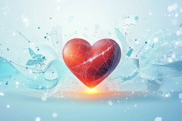 Aufkleber - Glowing red heart with dynamic cardiogram on abstract blue background depicting health and vitality. Generative AI