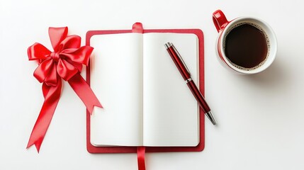 Canvas Print - High-angle view of a professional desk featuring an open notebook, a pen, and a cup of coffee placed neatly on a white surface.