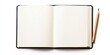 © Kamal - Open blank notebook mockup with white pages on a white background positioned center left with a sharpened pencil right side for writing concepts