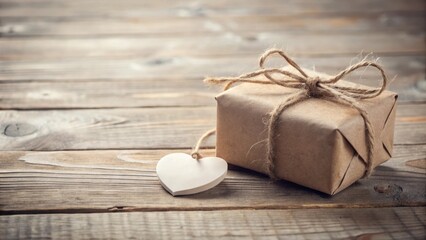 Poster - Rustic Wrapped Gift with a Simple Wooden Heart on Weathered Wood