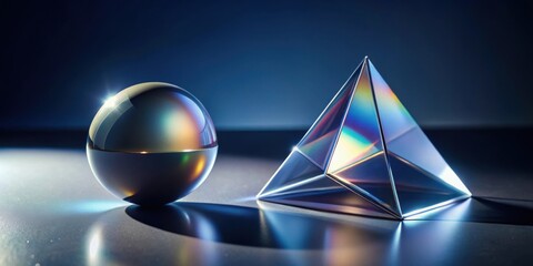 Aufkleber - Reflective Sphere and Iridescent Pyramid on Dark Surface, Illuminated by Subtle Light Source