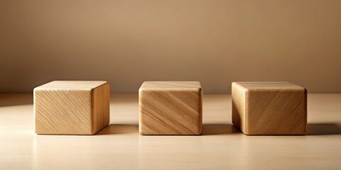 Aufkleber - Three light brown wooden blocks arranged in a row on a light wood surface against a neutral background