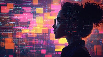 Silhouette of a woman in profile against a vibrant digital background filled with glowing data patterns and interfaces. Technology, creativity, and innovation highlighted. Generative AI