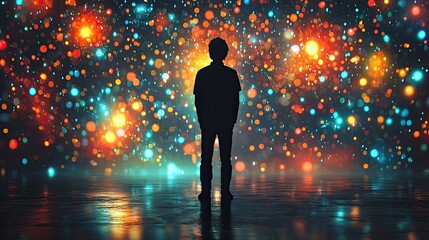 Silhouette of a man in profile against a vibrant digital background filled with glowing data patterns and interfaces. Technology, creativity, and innovation highlighted. Generative AI