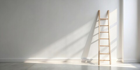 Aufkleber - Wooden ladder leaning against a white wall bathed in sunlight, minimalist interior design concept