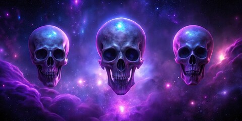 Wall Mural - cosmic skulls a trio of illuminated human remains floating in a nebula of purple and blue hues