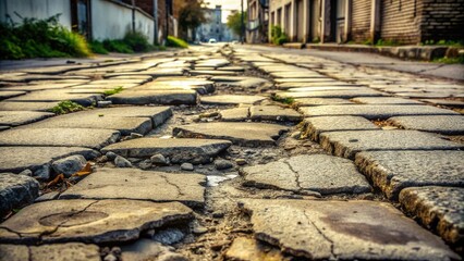 Leinwandbilder - A Crumbling Cobblestone Street Beckons Towards a Distant Horizon, Sunlit Stones Show the Passage of Time