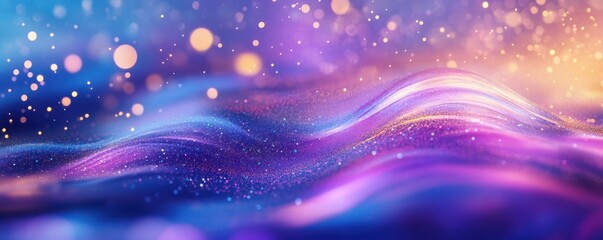 Poster - abstract colorful wave pattern, digital art with glowing dots and light particles, creating a sense of depth and movement in a vivid backdrop of purple and blue hues