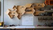 © ลลิดา ไชยศรีษะ - A workshop scene featuring a carpenter assembling a unique wooden shelving unit, with a blueprint for the custom design pinned to the wall and an array of tools neatly organized nearby.