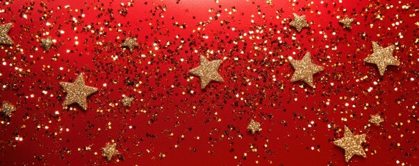 Wall Mural - a festive red surface is adorned with shimmering golden stars, n elegant and joyful holiday vibe sea