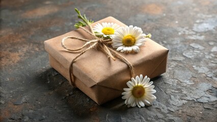 Poster - A thoughtfully wrapped present adorned with delicate daisies rests on a rustic surface