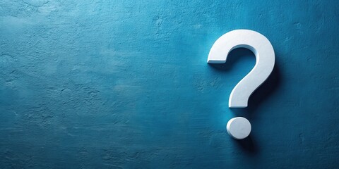 Poster - A Large White Question Mark on a Textured Blue Surface Representing Inquiry and Uncertainty