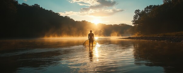 Wall Mural - A fisher casting a net into the water as the sun rises, 4k photo.