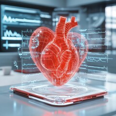 Fototapete - Glowing red heart with dynamic cardiogram displayed in a modern medical setting. Generative AI