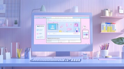 a modern workspace with a computer displaying a digital design mockup for an e-commerce website. the