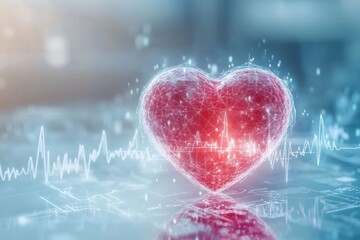 Poster - Glowing red heart with dynamic cardiogram showcases the essence of love and life in a modern digital landscape. Generative AI