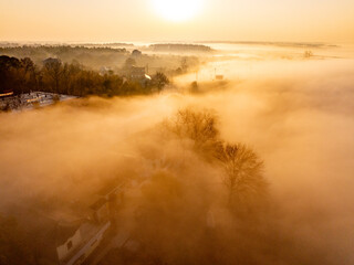 Wall Mural - Sunrise and fog in rural forest