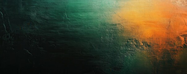 Wall Mural - abstract grainy gradient background, green orange color shape black backdrop, noisy texture dark ban