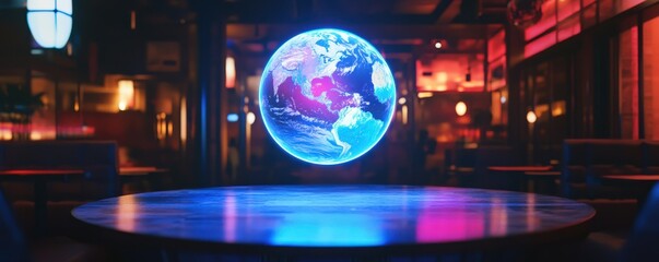 Wall Mural - a glowing 3d hologram of earth floating above a futuristic table, 4k photo.