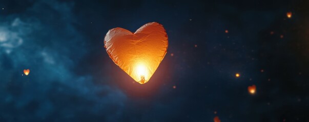 Wall Mural - a glowing heart-shaped lantern floating into the night sky, 4k photo.