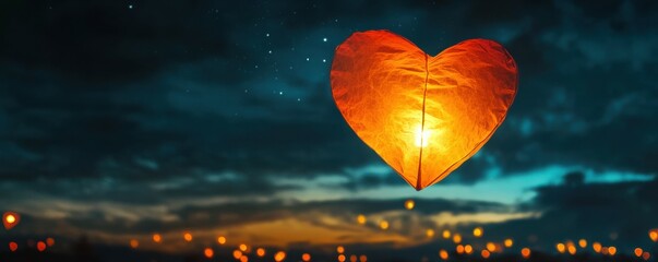 Wall Mural - a glowing heart-shaped lantern floating into the night sky, 4k photo.
