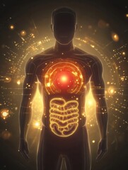 Poster - Glowing human torso with bright red energy focal point located in the stomach area surrounded by radiant light. Generative AI