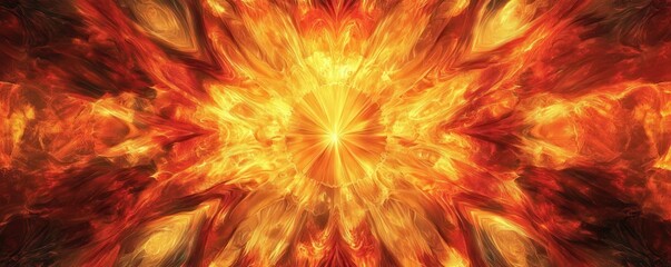 Wall Mural - A glowing sunburst in abstract layers of fiery hues, radiant and bold, 4k photo.