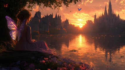Wall Mural - Enchanting Sunset Over a Magical Lake with Fairy Tale Castle