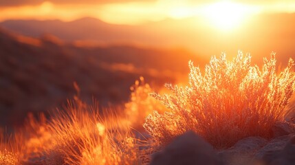 Wall Mural - Warm Sunset Light Over Rugged Landscape and Golden Grass Blades