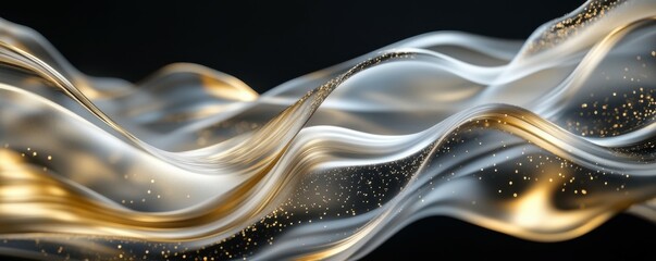 Wall Mural - abstract waves of metallic gold and silver flowing against a black backdrop, 4k photo.