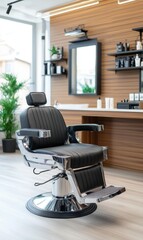 Wall Mural - Modern Barber Chair in Stylish Barbershop Interior with Wooden Accents and Natural Light