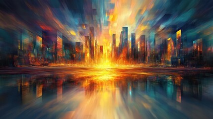 Wall Mural - Vibrant Abstract Cityscape with Colorful Reflection at Sunset