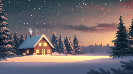 Wall Mural - christmas background house near the christmas trees, with lofi style and 2d anime influence, warm and festive background for merry christmas