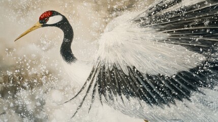 A close-up of a Japanese crane dancing gracefully in the snow, with delicate movements