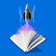 © Morena - Concept of imagination and creativity. Halftone rocket launches from book. Modern collage. Theme of knowledge, education, university graduation. Idea for business startup